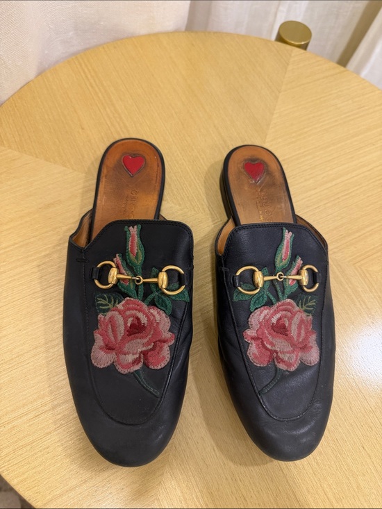 Gucci Shoes - Gucci Black Leather Slip-On Mules with Pink Rose Embroidery and Gold Horsebit